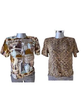 Christie & Jill Vintage Abstract Silk Blouses Tops Set Shoulder Pads Retro 80s M
